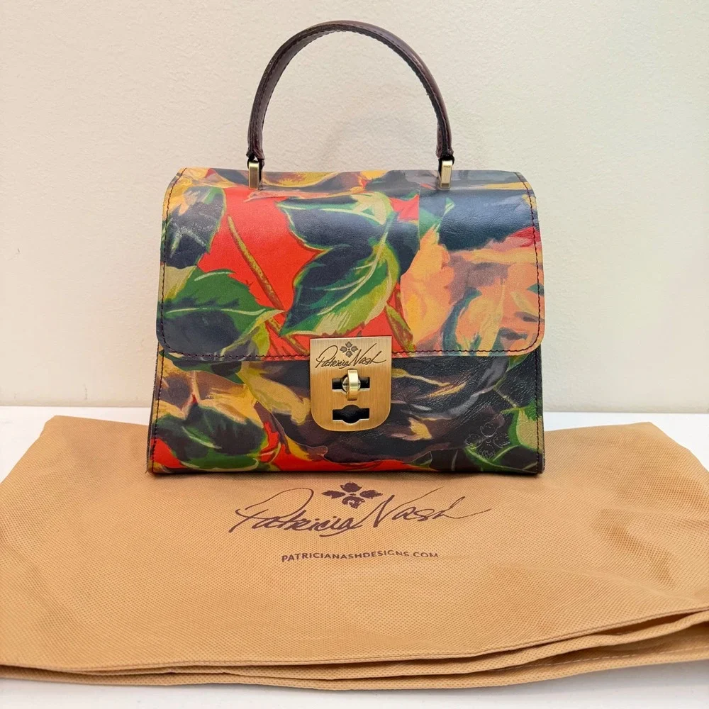 Patricia Nash Winter Bloom Leather Satchel Floral Top Handle Bag Beet Purse Med